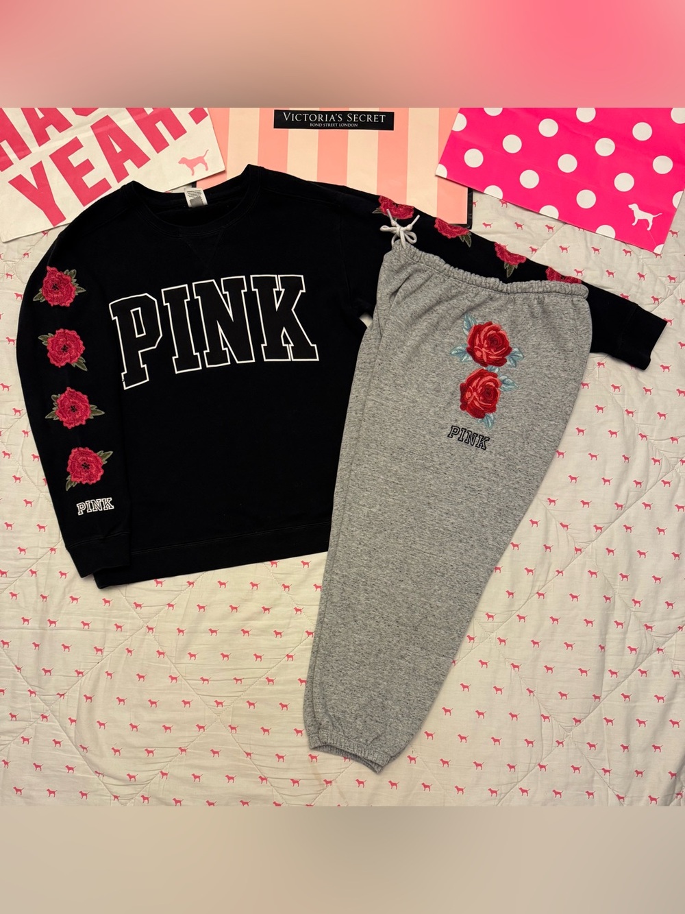 VS PINK SET CAMPUS CREW & CLASSIC SWEATPANTS GRAY & BLACK FLORAL ROSES RARE LG